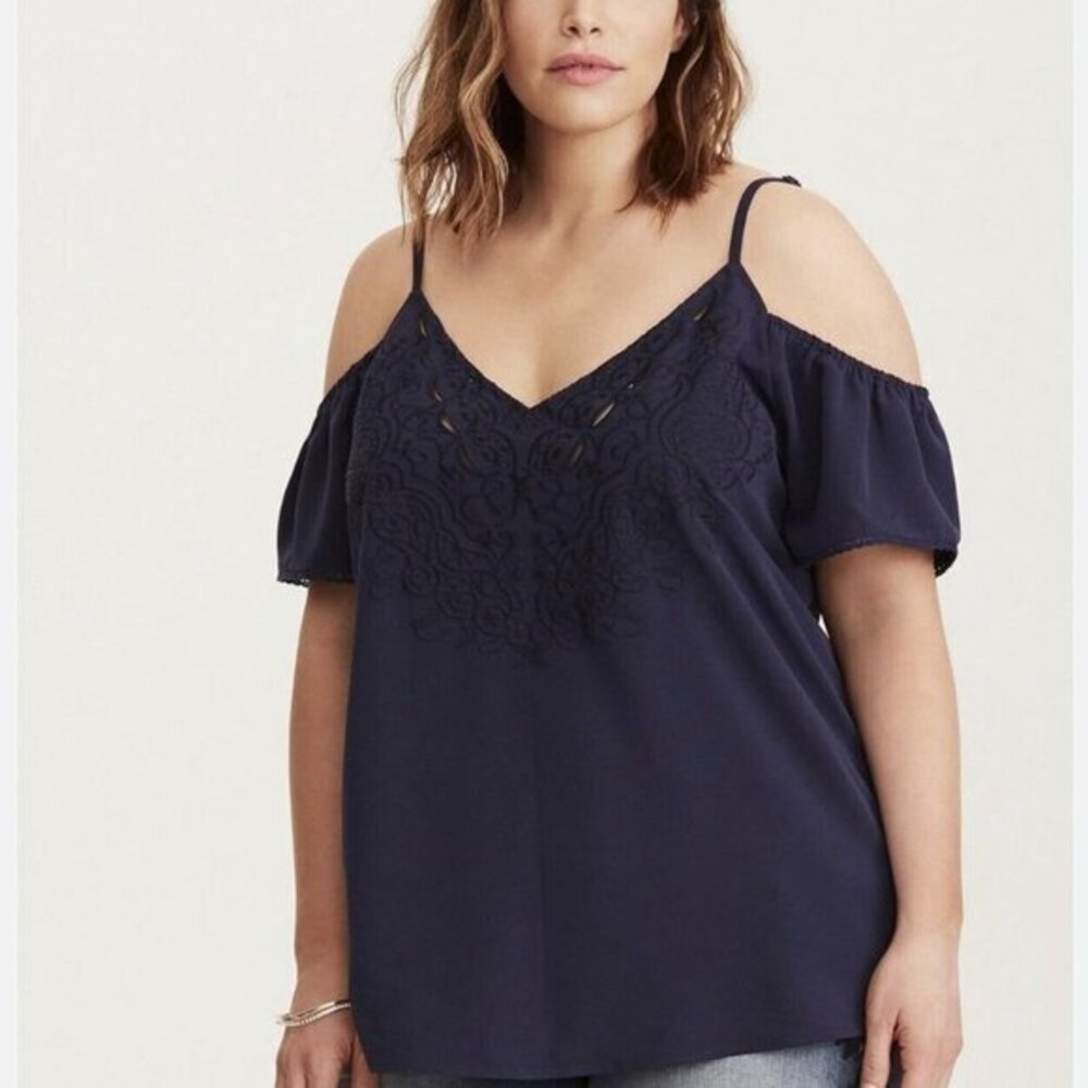 Torrid Size 2‎ Top Navy Blue Embroidered Cold Shoulder Blouse 2XL